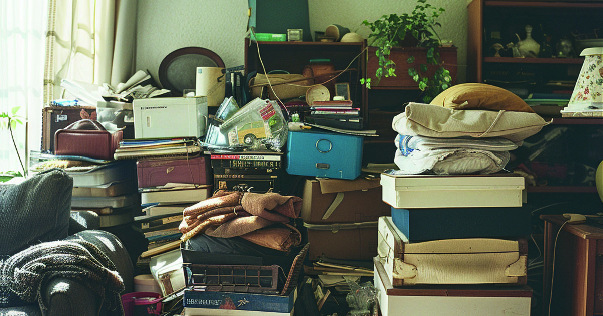 household items stacked in a living room